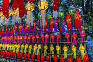Colourful illuminated lanterns at Suthiwararam Buddhist Temple, Bangkok, Thailand's metropolis,