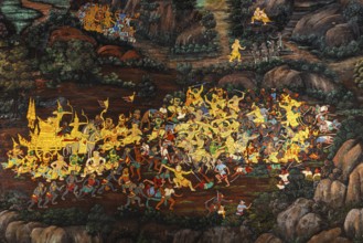 The Grand Royal Palace, Wat Phra Kaeo Buddhist Temple, wall painting on galleries with Buddhist