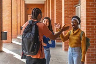 Diverse young students are happily greeting each other while walking along a brick wall corridor on