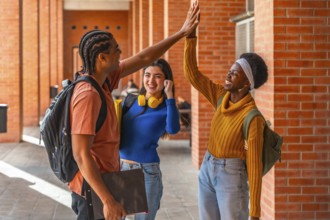 Diverse university students high fiving outdoors, celebrating teamwork and friendship on campus,
