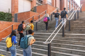Diverse group of university students climbing outdoor campus stairs with backpacks, heading toward