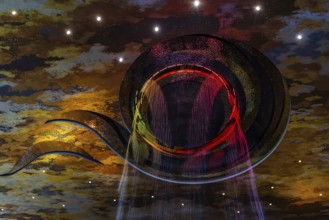 Artificial, brightly lit waterfall, Magic Waterfall, falls from the ceiling of the Iconsiam