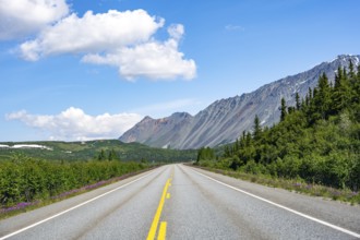 Road through taiga and mountainous landscape, picturesque landscape on Richardson Highway, Alaska,