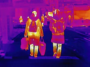 Thermal image or thermography, symbolic photo, interpolated. People traveling in urban areas.