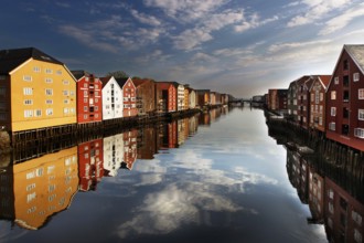 Storehouses along the Nidelva with perfect reflection in Trondheim, Trondheim, region, Norway