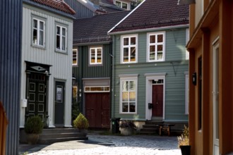 Colourful houses with characteristic details and shadows, Trondheim, Trøndelag, Norway
