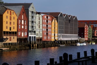 View of the characteristic warehouses along the banks of the Nidelva, Trondheim, Norway