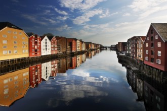 Colourful warehouses are idyllically reflected in the Nidelva River, Trondheim, Norway