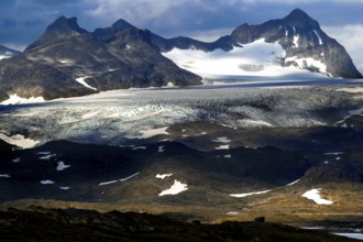 Snow-capped mountains and glaciers in Sognefjell, dramatic landscape