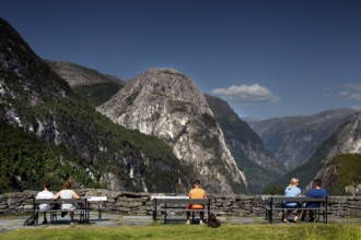 Majestic view from Stalheim Hotel into Nærøytal, surrounded by steep mountains, Nærøytal, Vestland,