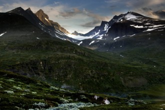 Impressive Skagastølstindane mountain range near Sognefjell with snow-capped peaks, Sognefjell,