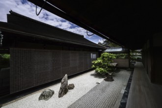 Japanese zen garden in Daisenin Temple with gravel and stones, quiet shade area, Kyoto, Daisen-in,