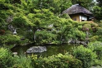 Lush garden in Higashiyama with traditional Japanese building and pond, Kyoto, Japan