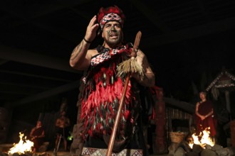 Maori chieftain in traditional dress at night with fire in the background in Rotorua, Rotorua, Bay