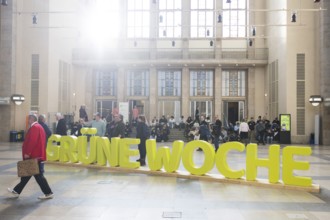 Sign in the entrance hall at the Green Week at the exhibition center in Berlin on 16.01.2026. The