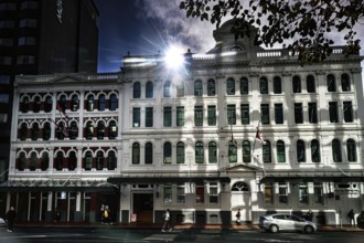Historic building in Britomart with sunbeams in the window, Auckland, zero, New Zealand