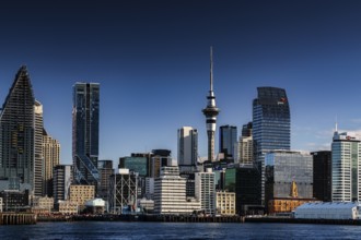 City panorama of Auckland CBD seen from a sailing ship, Auckland, New Zealand
