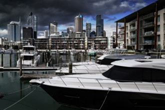 Harbour panorama with yachts and Auckland's distinctive skyline in the background, Auckland,