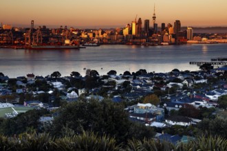 View of the city center from Mt Victoria over Devonport at sunset, Auckland, null, New Zealand