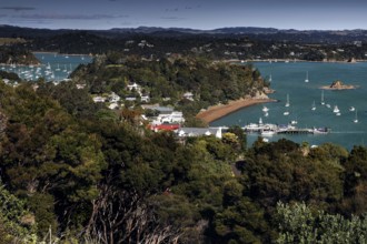 Panoramic view of the Bay of Islands with blue water and surrounding vegetation, Maiki, Bay of