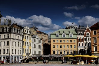 Painted buildings on Cathedral Square in Riga under blue sky, Riga, Latvia