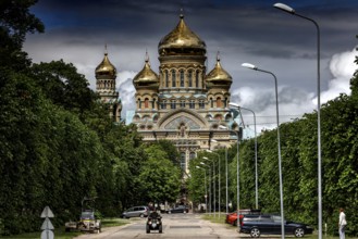 Impressive church with golden domes in Karosta, surrounded by green trees, Liepaja, Courland,