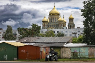 Prefabricated buildings and golden domes of St. Nicholas Cathedral in Karosta, Liepaja, Liepaja,