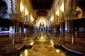 Beautifully illuminated interior of a mosque with ornate decorations, Casablanca, Grand Casablanca,