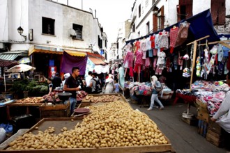 Market scene with stalls full of goods and hustle and bustle, Casablanca, Grand Casablanca, Morocco