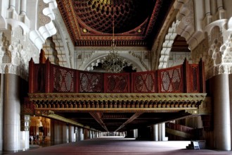 Detailed interior view of the mosque with intricate woodwork, Casablanca, Grand Casablanca, Morocco