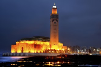 Beautifully illuminated mosque on the coast at night, Casablanca, Grand Casablanca, Morocco