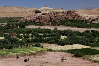 Wide panoramic view of Ait Benhaddou and green landscape, Ait Benhaddou, Ouarzazate, Morocco