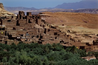 Clay buildings in Ait Benhaddou surrounded by lush vegetation, Ait Benhaddou, Ouarzazate, Morocco