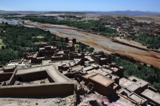 Ait Benhaddou with river landscape and old mud-brick architecture, Ait Benhaddou, Ouarzazate,