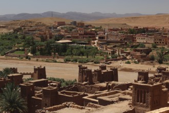Expansive view of the clay town of Ait Benhaddou and surrounding area, Ait Benhaddou, Morocco
