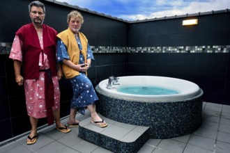 Relaxing in the onsen at Ryokan Canada dressed in Yukata, Kyoto, Okazaki, Japan