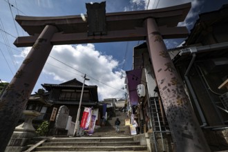 Traditional torii on the way to the shrine with impressive climb, Kotohira, Japan
