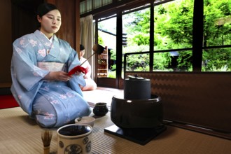 Tea master in a kimono during a contemplative tea ceremony, Kyoto, Higashiyama, Japan