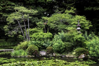 Dense garden with traditional elements in the green jungle of nature, Kyoto, Okazaki, Japan