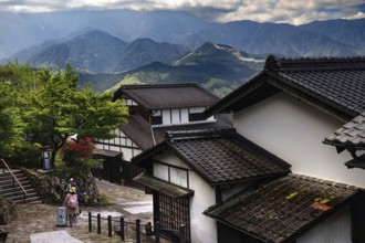 Mountain village with traditional architecture and picturesque mountain views, Magome, Nagano,
