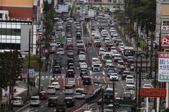 Traffic jam on Beppu's roads in front of a department store, Beppu, Oita, Japan