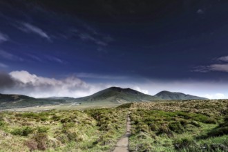 Extensive crater landscape under clear blue sky, Aso, Japan