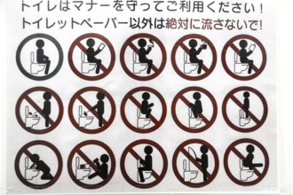 Sign with toilet behavior instructions in Chinoike Jigoku, Beppu, Beppu, Japan