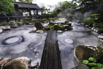 Bubbles form in the solfatar field of Oniishibouzu Jigoku in Beppu, Beppu, Kyushu, Japan