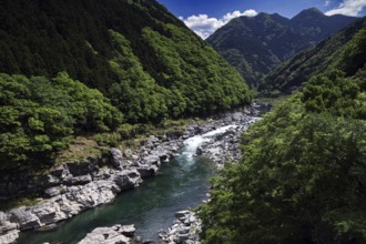 Scenic river snakes through a green valley between mountains, Iya, Japan