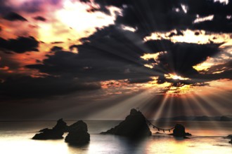 Meoto Iwa place of worship in Ise at sunrise, Ise, Mie, Japan