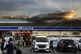 A konbini in Kawaguchi-ko with Mount Fuji in the background at sunset, Kawaguchi-ko, Yamanashi,