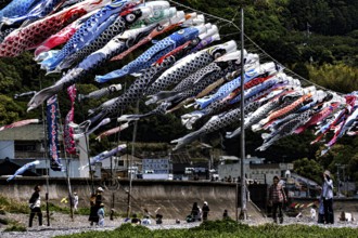 Colourful cloth carp blowing over a bustling southern Japanese scene on Children's Day, Kii