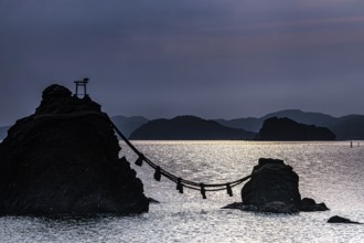 Meoto Iwa rocks connected with rope in morning light, Ise, Mie, Japan