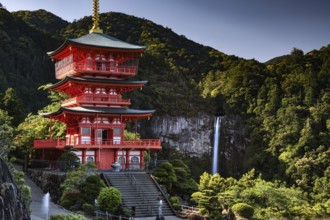 Red pagoda in front of Nachi Waterfall in the green forest of Seiganto-ji, Nachi, Wakayama, Japan